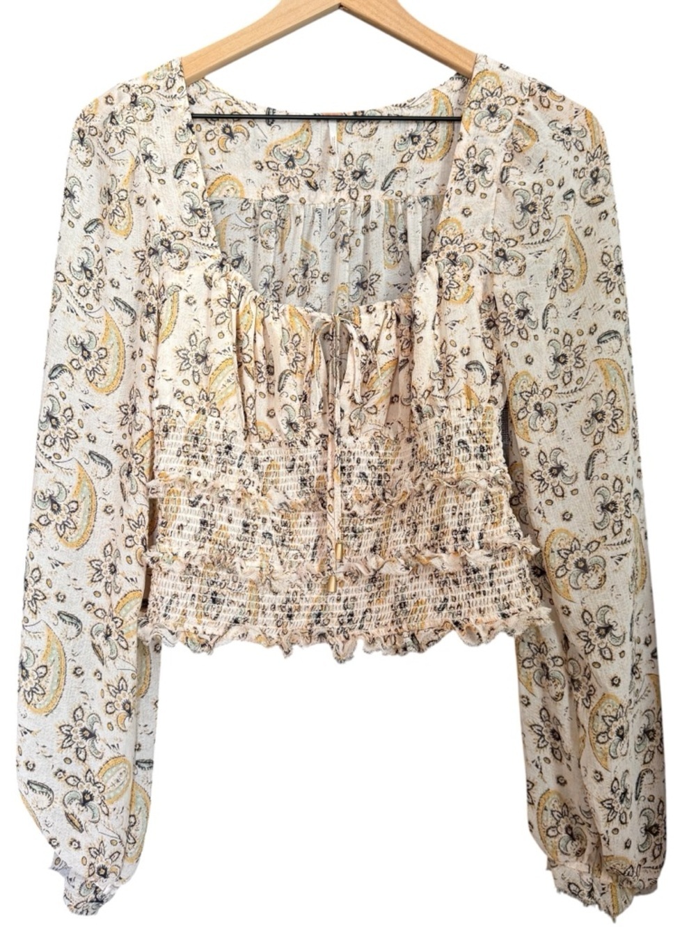 Free People Cream Sheer Paisley Boho Smocked Peasant Blouse
